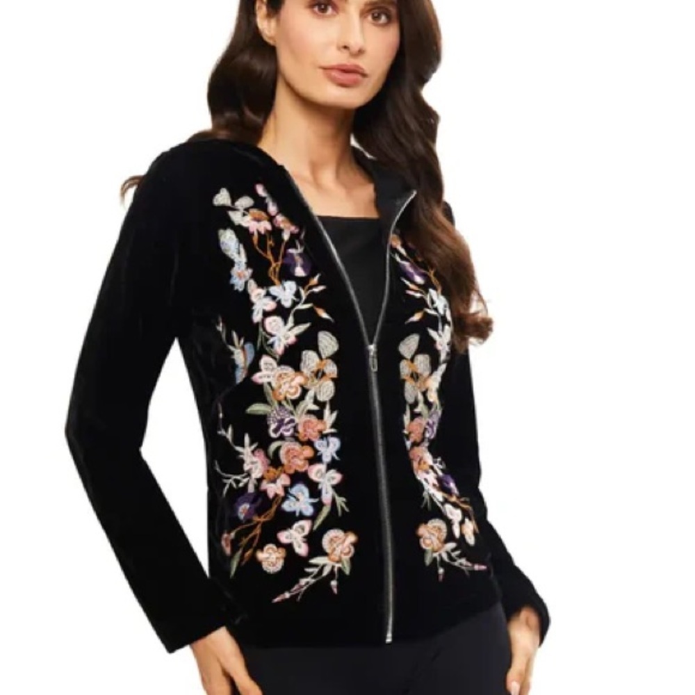 Adore Velvet Zip-Up Jacket Floral Pastel Embroidery Hood Size Small Black